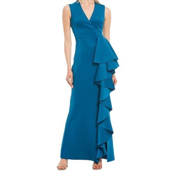 Eliza J sleeveless cascading ruffle maxi dress gown teal green blue jersey new 6 - Picture 1 of 7